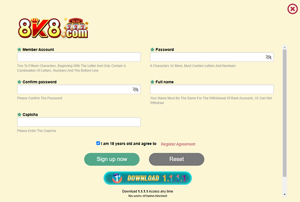 How to Register on 8K8 Casino